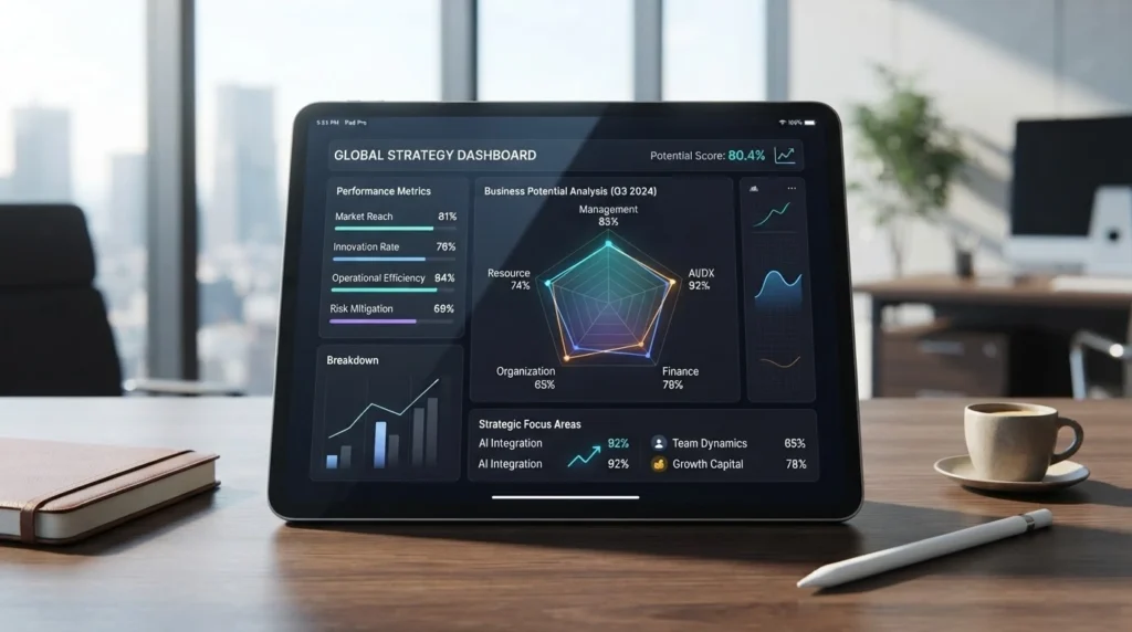 経営健全度を判定する5軸（Management, AI/DX, Finance, Organization, Resource）の分析レーダーチャート画面