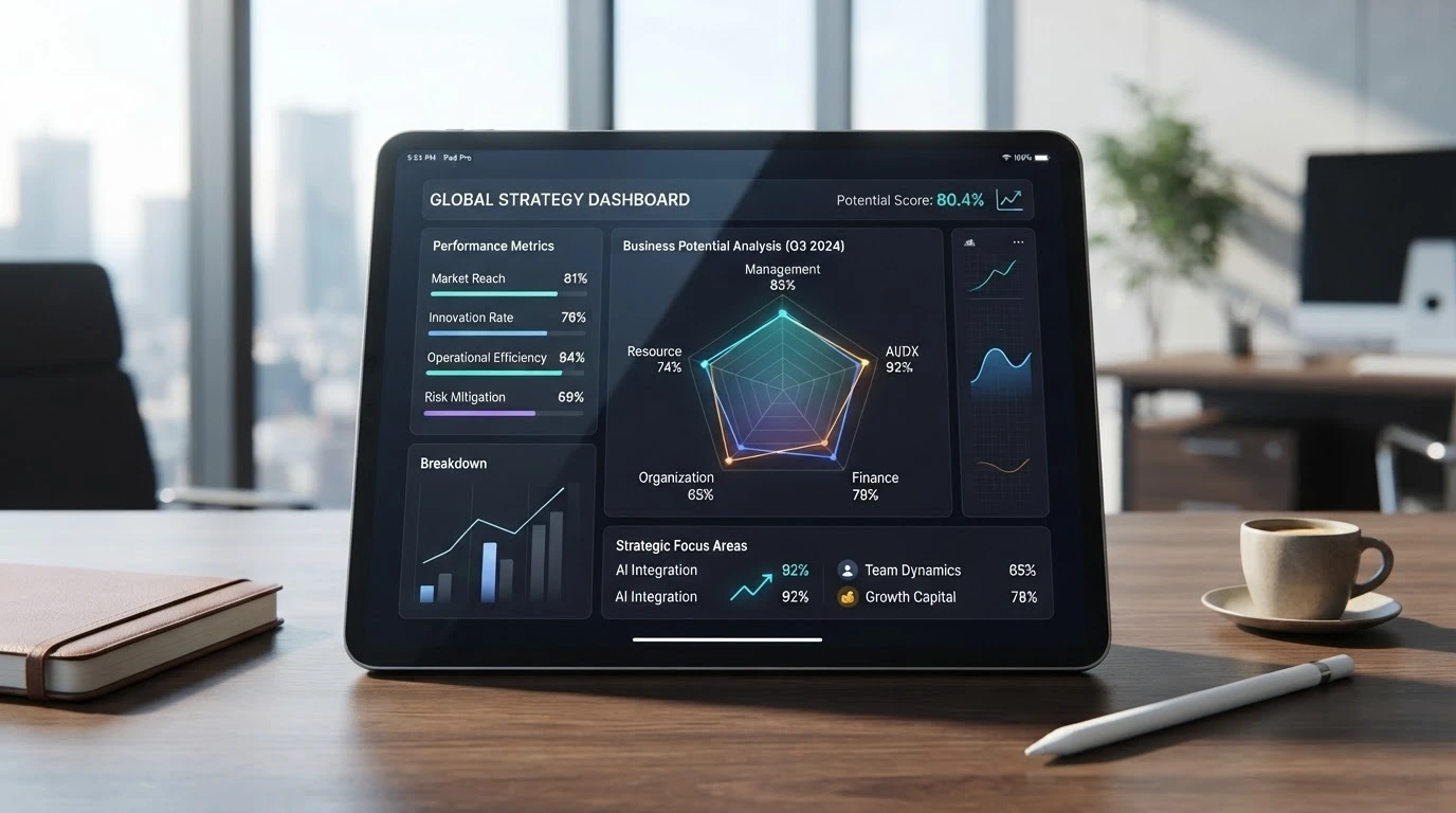 経営健全度を判定する5軸（Management, AI/DX, Finance, Organization, Resource）の分析レーダーチャート画面