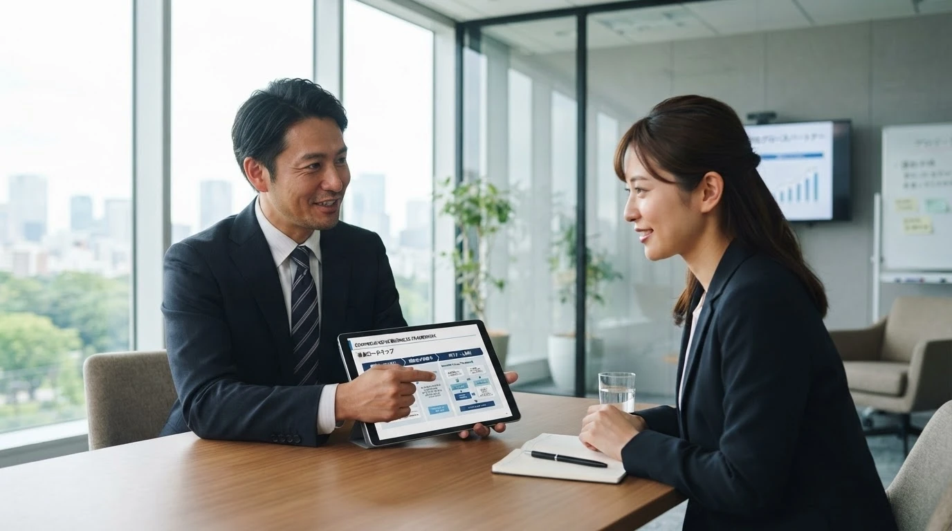 経営者に対してBPR導入と助成金適用シミュレーションを個別に提案するディーフォーエルの専門コンサルタント