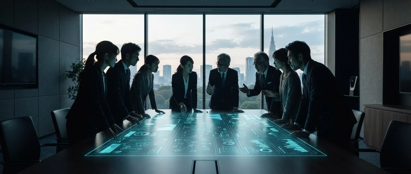 RE-BOOT Japan PROJECTのアライアンス体制。全体最適のグランドデザインを描くアーキテクトと各分野の日本人専門家チームが真摯に議論を交わすシネマティックなイメージ